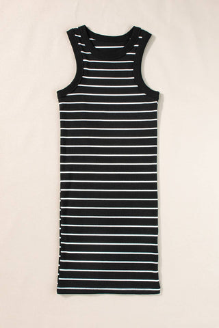 The Kannon Stripe Ribbed Knit Tank Mini Dress in black from Little Daisy Closet is laid flat against a neutral background. This sleeveless, knee-length casual summer dress features horizontal white stripes and ribbed fabric, offering both style and comfort for warm days.