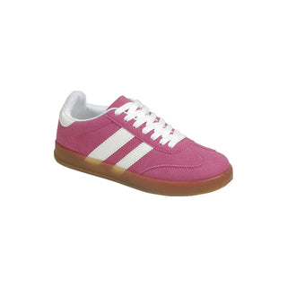 The Ness Striped Lace Up Flat Sneakers by Liam & Company feature a pink design with white laces and two white side stripes. They have a brown rubber sole, elegantly displayed side-on against a plain white background.