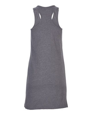 The Caydn Tank Dress by Western Edge Boutique is a grey sleeveless dress with a straight fit and a racerback design, displayed from the back against a white background. Made from soft cotton for enhanced comfort and style.