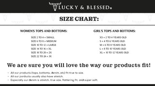 A size chart for Lucky & Blessed's "Calico Camel Distressed Crop Flare" features women's sizes (2-24) and girls' sizes (2-16) with corresponding labels. The chart includes notes on optimal fit, product traits like high-rise denim jeans with tummy control and gap control technology, and emphasizes fit, stretch, and comfort.