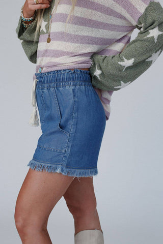 A person is standing in a relaxed pose, wearing a green and white star-patterned sweater with pink stripes, paired with the Three Bird Nest "Meet The Moment Drawstring Shorts" in dark wash. The high-rise chambray shorts feature frayed edges. They accessorize with a necklace and bracelets on their wrists. The background is plain and light-colored.