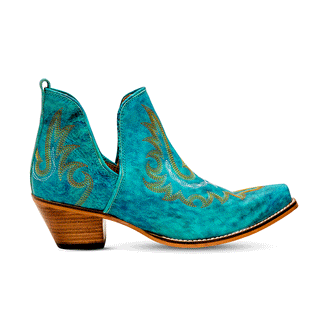 The Westerlee Turquoise Leather Booties by Western Edge Boutique feature intricate golden embroidery patterns. These soft leather booties boast a low wooden heel, side cutouts, and a handy side pull tab for easy wearing.