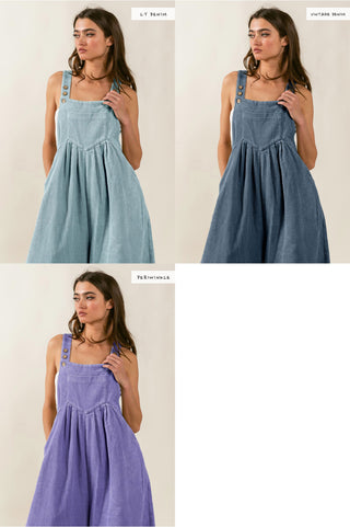 A woman models the Briley Corduroy Overalls Wide Leg from BiBi, demonstrating its comfy fit in three different colors: light denim, vintage denim, and periwinkle. The images above are displayed in a 2x2 grid, with light denim in the top left, vintage denim in the top right, and periwinkle below.
