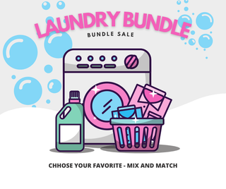 Illustration of Western Edge Boutique's Laundry Sale, showing a washing machine, laundry soap, detergent, basket of clothes & blue bubbles. Text: "Laundry Sale - Mix and Match Your Favorite Scents!.