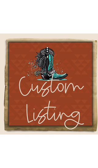 Square graphic with a teal cowboy boot, black hat, and feathers on a rust background. White script reads "Custom Listing Jackie." From Western Edge Boutique, featuring unique accents like wallets or key chains for extra flair.