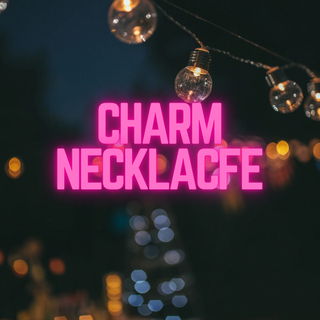 String lights hanging outdoors at night with a soft bokeh effect. Large, glowing pink text in the center reads "CHARM BAR LISTING by Western Edge Boutique—create your unique necklace with beautiful charms.