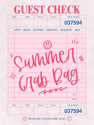 A pink and white restaurant guest check with doodles and “Summer Grab Bag” handwritten in playful letters—show off your style with Western Edge Boutique's Clothing Summer Grab Bags, perfect for pairing with shorts, tank tops, and a touch of Western flair.