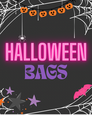 A Halloween-themed poster for Western Edge Boutique’s Halloween Mystery Bags, with neon pink and purple lettering, spiderwebs, pumpkins, a bat, stars, confetti, and spooky bags filled with fun surprises.