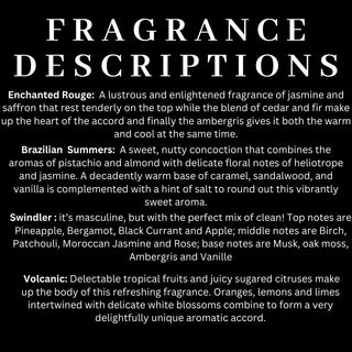 Text image featuring descriptions of fragrances from Western Edge Boutique's "Oh make your room smell oh sooo good.. Room Spray" collection: Enchanted Rouge, Brazilian Summers, Swindler, and Volcanic. Each expertly curated scent invites you into a sensory experience of jasmine, amber, vanilla, and citrus notes. Ideal for personal wear or as a sophisticated room spray to enhance any environment.