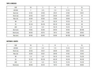 Here's a revised version of the sentence using the provided product data:

A comprehensive size chart for the Billie Denim Blue Button V Neck Ruffle Dress by Western Edge Boutique, detailing measurements for tops, Tencel dresses, bottoms, and skirts in sizes XS to XL. The chart includes bust, waist, hips measurements along with international size conversions for US/CAN, UK, EU, and AUS.