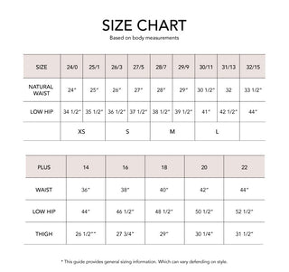 Size chart based on body measurements with columns for size, natural waist, low hip, high rise waist for the Bexlee High Rise Crop Wide Leg Jean by VERVET by Flying Monkey. Available in sizes XS to L and Plus sizes 14 to 22. Waist and low hip measurements are listed in inches for various sizes. Note: Sizing information can vary depending on style or comfort stretch denim.