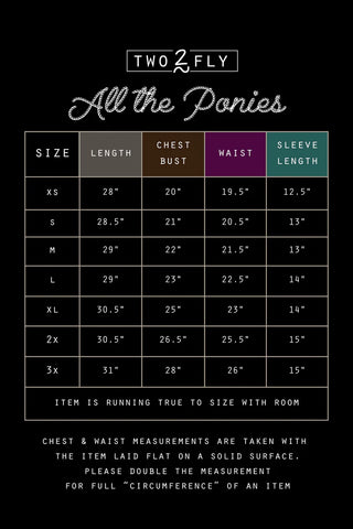 A size chart for "All the Ponies" by 2FLY, featuring sizes XS to 3X. The chart includes columns for length, chest/bust, waist, and sleeve length measured in inches. A note specifies that item measurements should be doubled for the full circumference—for a truly retro fit inspired by vintage stick ponies.