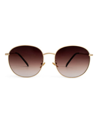 Introducing DAX Eyewear's Georgie Sunglasses with a gold metal frame and choice of black or brown lenses. Featuring adjustable nose pads, black ear tips, and UV protection, they're stylish and functional for sunny days.