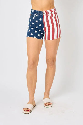 Rebel Judy Blue High Rise Americana Flag Fray Hem Shorts Regular and Curvy  150273